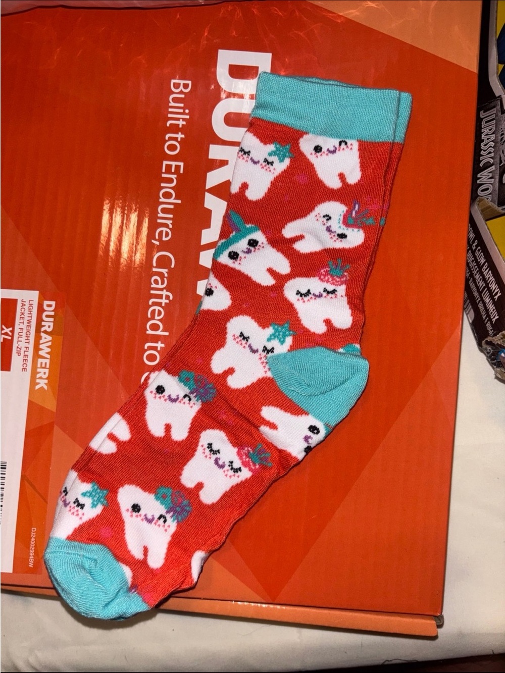Fun Red & Teal Novelty Socks with Smiling Tooth Pattern